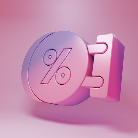 Purple-pink Signboard hanging with an inscription percent icon isolated on pink background. Suitable for bar, cafe, pub, restaurant. Minimalism concept. 3D render illustration.の写真素材