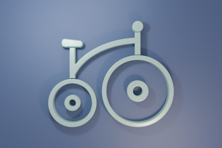 Gray vintage bicycle with one big wheel and one small wheel isolated on purple-blue background. Bike public transportation sign. Minimalism concept. 3D render illustration.の写真素材