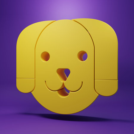 Yellow Dog icon isolated on purple background. Minimalism concept. 3D render illustration.の写真素材