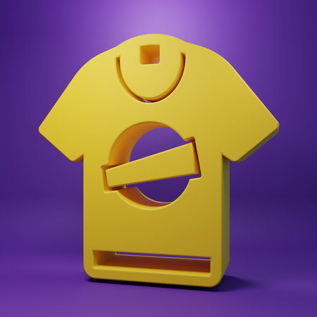 Yellow T-shirt icon isolated on purple background. Minimalism concept. 3D render illustration.の写真素材