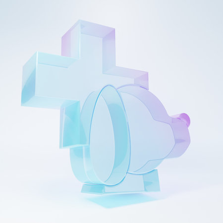 Frosted glass Veterinary clinic symbol icon isolated on white background. Cross with dog veterinary care. Pet First Aid sign. Minimalism concept. 3D render illustration.の写真素材