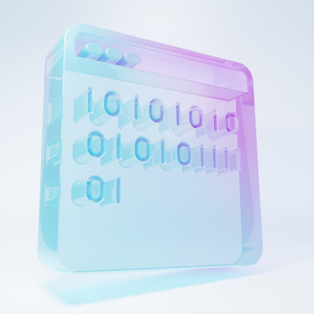Frosted glass Binary code icon isolated on white background. Minimalism concept. 3D render illustration.の写真素材