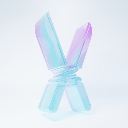 Frosted glass handmade scissors for trimming icon isolated on white background. Pruning shears with wooden handles. Minimalism concept. 3D render illustration.の写真素材