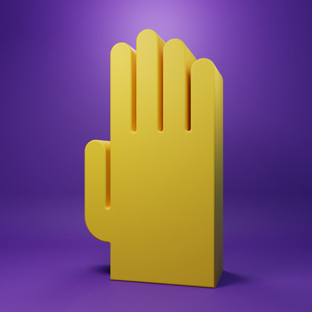 Yellow Rubber gloves icon isolated on purple background. Latex hand protection sign. Housework cleaning equipment symbol. Minimalism concept. 3D render illustration.の写真素材