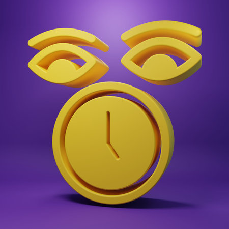 Yellow Clock icon isolated on purple background. Time symbol. Minimalism concept. 3D render...