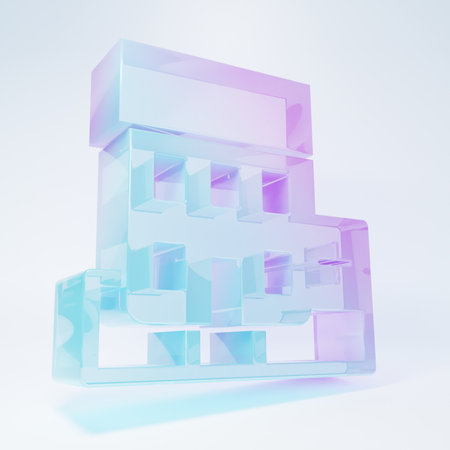 Frosted glass building with cross icon isolated on white background. Minimalism concept. 3D render illustration.の写真素材