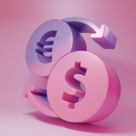 Purple-pink Money exchange icon isolated on pink background. Euro and Dollar cash transfer symbol. Banking currency sign. Minimalism concept. 3D render illustration.の写真素材