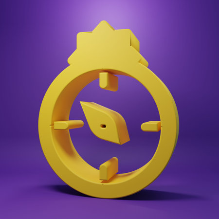 Yellow Qibla icon isolated on purple background. Qibla Islamic Arab term used for the direction for...