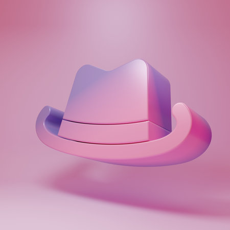 Purple-pink Western cowboy hat icon isolated on pink background. Minimalism concept. 3D render illustration.の写真素材
