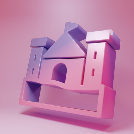 Purple-pink Sand castle icon isolated on pink background. Minimalism concept. 3D render illustration.の写真素材