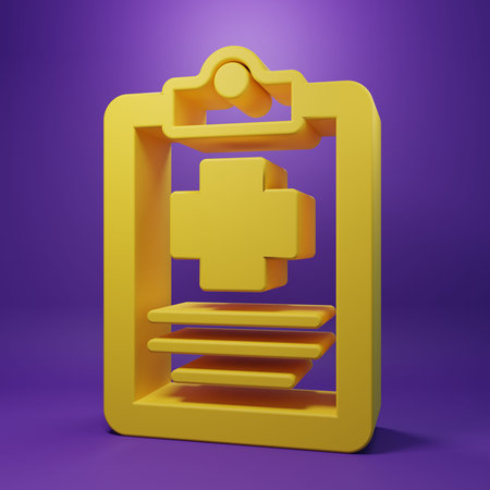 Yellow Medical clipboard with clinical record icon isolated on purple background. Prescription, medical check marks report. Minimalism concept. 3D render illustration.の写真素材