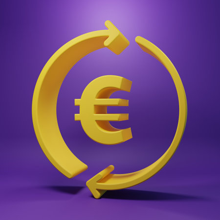 Yellow Coin money with euro symbol icon isolated on purple background. Banking currency sign. Cash symbol. Minimalism concept. 3D render illustration.の写真素材