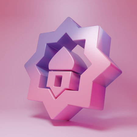 Purple-pink Muslim Mosque icon isolated on pink background. Minimalism concept. 3D render illustration.の写真素材