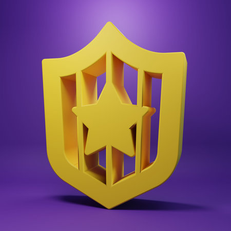 Yellow Shield with stars icon isolated on purple background. 4th. Minimalism concept. 3D render...