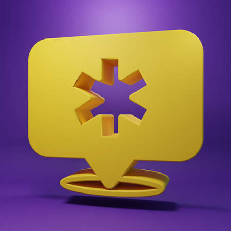 Yellow Medical map pointer with cross hospital icon isolated on purple background. Minimalism concept. 3D render illustration.の写真素材