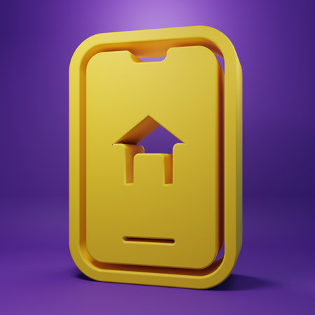 Yellow Online real estate house on smartphone icon isolated on purple background. Home loan concept, rent, buy, buying a property. Minimalism concept. 3D render illustration.の写真素材