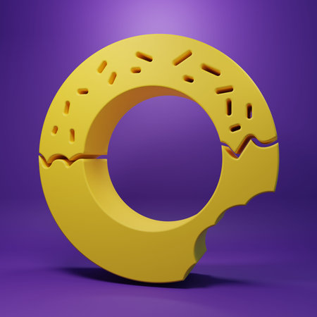Yellow Donut with sweet glaze icon isolated on purple background. Minimalism concept. 3D render...