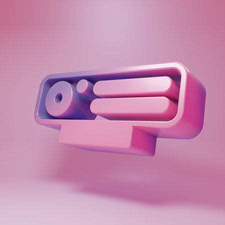 Purple-pink Web camera icon isolated on pink background. Chat camera. Webcam icon. Minimalism concept. 3D render illustration.の写真素材