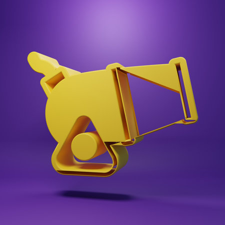 Yellow Cannon icon isolated on purple background. Minimalism concept. 3D render illustration.の写真素材