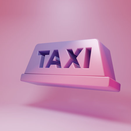 Purple-pink Taxi car roof icon isolated on pink background. Minimalism concept. 3D render illustration.の写真素材