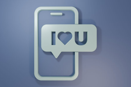 Gray Mobile phone with heart icon isolated on purple-blue background. Valentines day. Minimalism...
