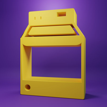Yellow Washer icon isolated on purple background. Washing machine icon. Home appliance symbol. Minimalism concept. 3D render illustration.の写真素材