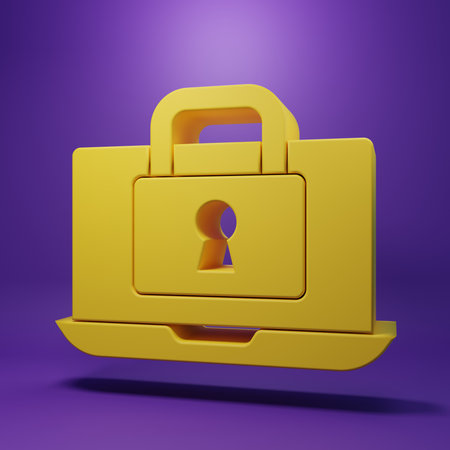 Yellow Laptop and lock icon isolated on purple background. Computer and padlock. Security, safety, protection concept. Safe internetwork. Minimalism concept. 3D render illustration.の写真素材