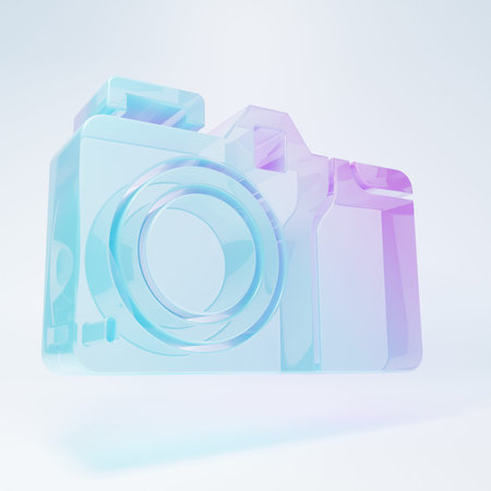 Frosted glass Photo camera icon isolated on white background. Photo camera icon. Minimalism concept....