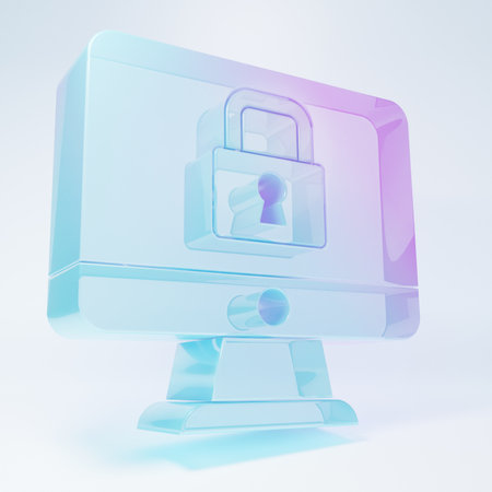 Frosted glass Lock on computer monitor screen icon isolated on white background. Security, safety, protection concept. Safe internetwork. Minimalism concept. 3D render illustration.の写真素材