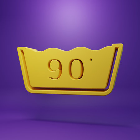 Yellow Washing under 90 degrees celsius icon isolated on purple background. Temperature wash. Minimalism concept. 3D render illustration.の写真素材