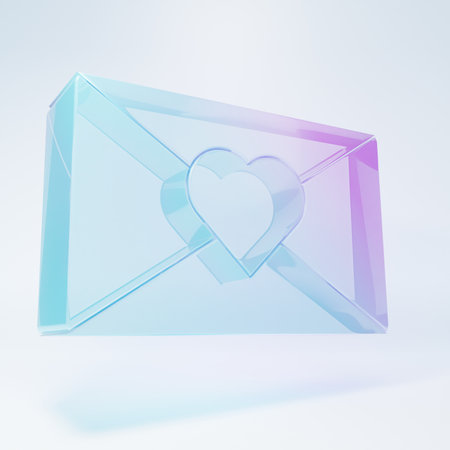 Frosted glass Envelope with Valentine heart icon isolated on white background. Message love. Letter love and romance. Minimalism concept. 3D render illustration.の写真素材
