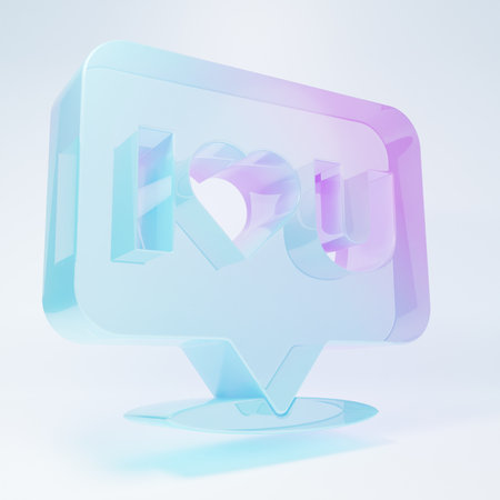 Frosted glass Speech bubble with text I love you icon isolated on white background. Valentines day. Minimalism concept. 3D render illustration.の写真素材