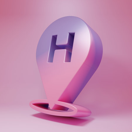 Purple-pink Medical map pointer with cross hospital icon isolated on pink background. Minimalism concept. 3D render illustration.の写真素材