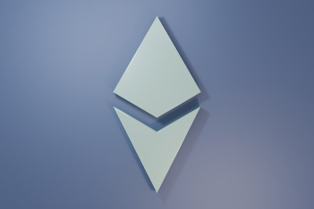 Gray Cryptocurrency coin Ethereum ETH icon isolated on purple-blue background. Altcoin symbol. Blockchain based secure crypto currency. Minimalism concept. 3D render illustration.の写真素材