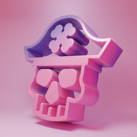 Purple-pink Pirate captain icon isolated on pink background. Minimalism concept. 3D render illustration.の写真素材