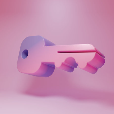 Purple-pink House key icon isolated on pink background. Minimalism concept. 3D render illustration.の写真素材