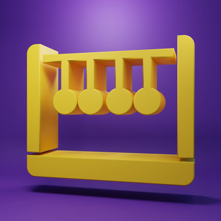 Yellow Pendulum icon isolated on purple background. Newtons cradle. Minimalism concept. 3D render illustration.の写真素材
