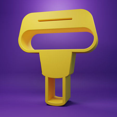 Yellow portable home and travel garment steamer icon isolated on purple background. Minimalism concept. 3D render illustration.の写真素材