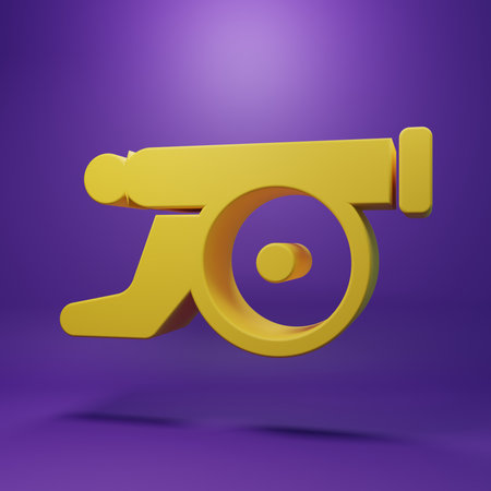 Yellow cannon icon isolated on purple background. Minimalism concept. 3D render illustration.の写真素材