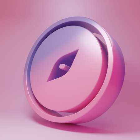 Purple-pink Compass icon isolated on pink background. Windrose navigation symbol. Wind rose sign. Minimalism concept. 3D render illustration.の写真素材