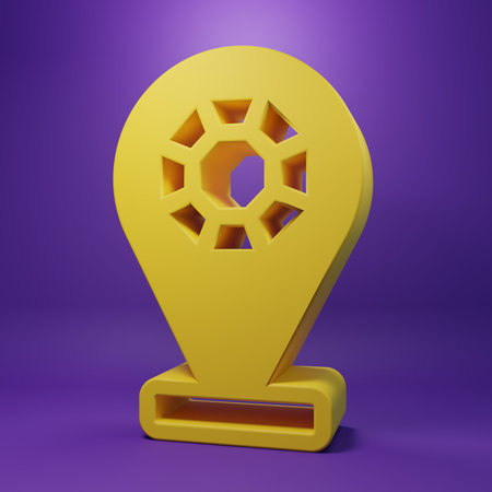 Yellow Front facade building icon isolated on purple background. Minimalism concept. 3D render illustration.の写真素材