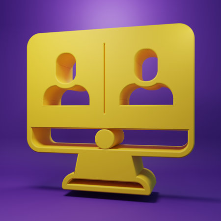 Yellow Video chat conference icon isolated on purple background. Online meeting work form home. Remote project management. Minimalism concept. 3D render illustration.の写真素材