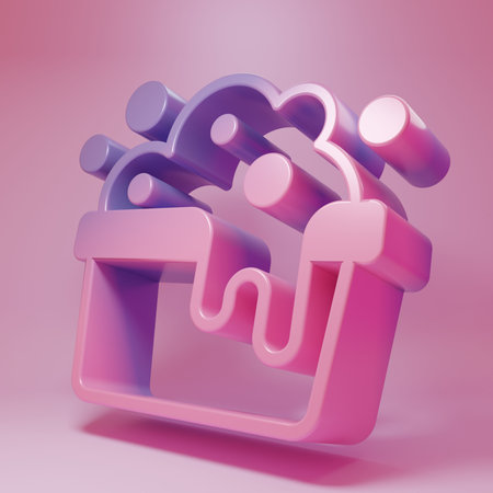 Plastic basin with soap suds icon isolated on pink background. Bowl with water. Washing clothes, cleaning equipment. Minimalism concept. 3D render illustration.の写真素材