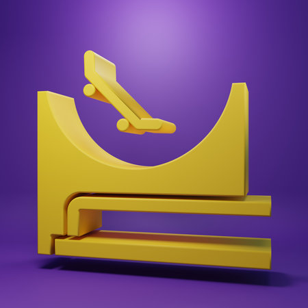 Yellow Skate park icon isolated on purple background. Set of ramp, roller, stairs for a skatepark. Extreme sport. Minimalism concept. 3D render illustration.の写真素材