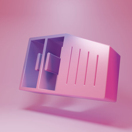 Purple-pink Container icon isolated on pink background. Crane lifts a container. Minimalism concept. 3D render illustration.の写真素材