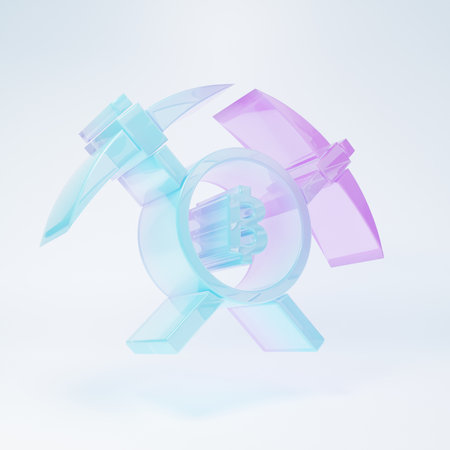 Frosted glass Crossed pickaxe icon isolated on white background. Blockchain technology, cryptocurrency mining, bitcoin, altcoins, digital money market. Minimalism concept. 3D render illustration.の写真素材