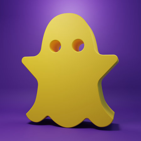 Yellow Ghost icon isolated on purple background. Minimalism concept. 3D render illustration.の写真素材