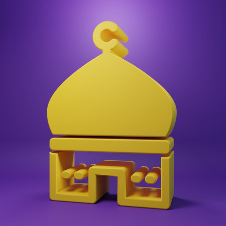 Yellow Muslim Mosque icon isolated on purple background. Minimalism concept. 3D render illustration.の写真素材