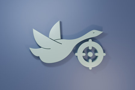 Duck with crosshairs icon isolated on purple-blue background. Rifle lens aiming a duck. Minimalism concept. 3D render illustration.の写真素材