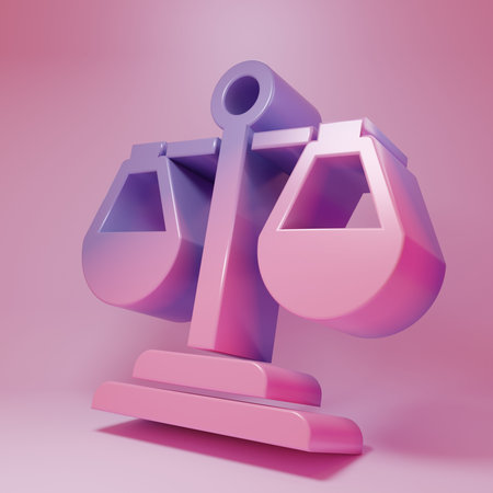 Purple-pink Scales of justice icon isolated on pink background. Court of law symbol. Balance scale sign. Minimalism concept. 3D render illustration.の写真素材